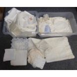 Two boxes of good quality table linen to include: crochet, lace, embroidery, damask etc, doilies,