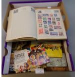 Shoebox of various cigarette cards, Tea cards, ABC Bubblegum cards plus old album of stamps. (B.P.