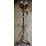 Arts and Crafts design brass and copper standard lamp oil burner, now converted to electricity on