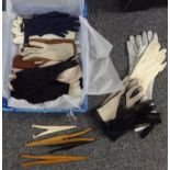 Box of ladies vintage and antique gloves to include: silver fabric, suede, leather, black lace,