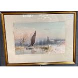 F Metcalf, winter scene with Norfolk Wherry and distant church, signed. Watercolours. 34x54cm