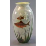 Royal Doulton art pottery lustre vase, of ovoid form, decorated with goldfish and reeds. Printed and