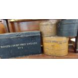 Three Edwardian tin hat boxes, together with a 19th century tin deed box marked 'Roath Court Free