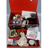Simulated rosewood tin box, the interior revealing assorted coinage and bank notes, commemorative