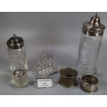 Bag of silver and silver plate items, to include: globular and glass match striker, toast rack,