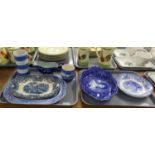 Two trays of blue and white china to include: Staffordshire pottery dish with portrait of a lady,