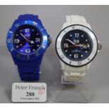 Two Ice plastic divers type watches, white and blue, one with date aperture. (B.P. 21% + VAT)