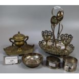 Collection of silver and metalware, to include: egg cruet set, Celtic design silver spoons, two