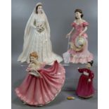 Three Royal Doulton bone china figurines, to include: 'Amy', 'Elaine' and 'Vanity' together with a
