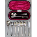 Collection of silver teaspoons and a silver fish knife. 5.42 troy ozs approx. together with a