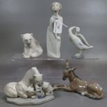 Collection of Lladro Spanish porcelain animals, to include: polar bear, donkey, polar bear group