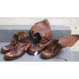 Two pairs of men's brown leather vintage boots; ankle boots and a pair of World War II military