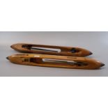 Pair of weaving machine wooden shuttles with steel spring loaded pins. 42cm long approx. (2) (B.P.