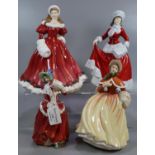 Four Royal Doulton bone china figurines, to include: 'Pretty Ladies, Winter', 'A Christmas Morning',