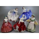 Five Royal Doulton bone china figurines, to include: 'Gail', 'Genevieve', 'Elaine', 'Daffy Down