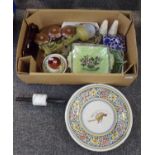 Box of assorted items to include: bird and abstract design tin glaze charger, marble rolling pin,