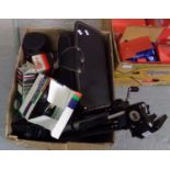 Box of photographic equipment: tripod, Chinon CEII SLR camera, boxed Pentax winder, vintage