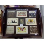 WWI military postcard tray: modern mahogany tea tray displaying WWI Postcards, three embroidered,