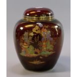 Crown Devon Fielding's 'Rouge Royale' oriental scenes ginger jar. Painted and printed marks to the