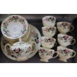 Wedgwood 'Hatherway Rose' part tea ware: six saucers, seven tea cups, seven tea plates, sandwich