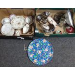 Two boxes of assorted items to include: French slip decorated charger, Limoges pot with lid, Bristol