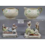 Two Belleek Irish porcelain ceramic items, to include: sucrier, milk jug, together with two German