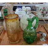 Tray of assorted items to include: a glass cylinder vase with embossed floral design, green glass