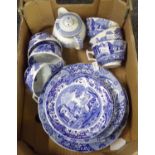 Box of blue and white china to include: Copeland Spode 'Italian' design teacups and saucers, small