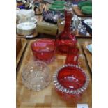 Tray of glassware, mostly cranberry glass to include: decanter with clear glass stopper, small