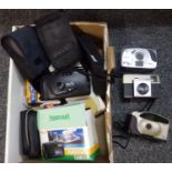 Box of cameras and camera equipment to include: various cases, Panorama Wide pic x 2 (one in