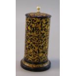 19th century lacquered and gilded cylindrical design match holder with striker base. 9cm high