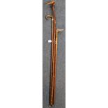 Three rustic walking sticks, two with duck terminals, one with horn handle and silver mount. (3) (