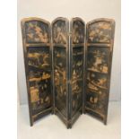 Chinoiserie gilded and lacquered four section folding screen, one side depicting birds amongst
