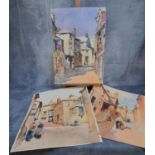 Will Evans (Welsh 1888-1957), a group of street scenes with figures, watercolours. 57 x 41cm approx.