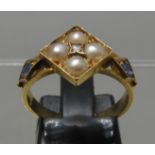 Victorian pearl and diamond ring with sapphire shoulders. Ring size M&1.2. Approx weight 4 grams. (