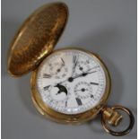 18ct gold chiming repeating hunter keyless chronograph pocket watch with white enamel face having