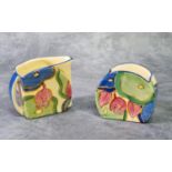 Clarice Cliff Art Deco design 'Bonjour' blue chintz design cream jug and matching sugar bowl.