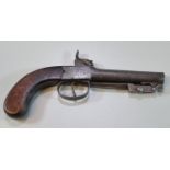19th Century percussion muzzle loading pistol with turn off 8.5cm foliate engraved action, fold