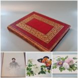 Tooled red and gilt 19th Century sketch book containing watercolours, Chinese illustrations on