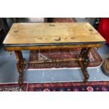 Victorian mahogany and mixed woods inlaid stretcher table, the top decorated with flowers and