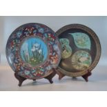 Two similar Japanese Cloisonné dishes/plaques, one decorated with iris and other stylised foliate