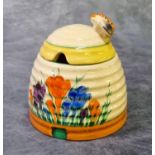 Clarice Cilff Beehive preserve jar and cover, decorated in the crocus pattern. Green printed marks