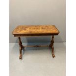 Victorian walnut stretcher folding card table, the moulded hinged lid revealing green baize with