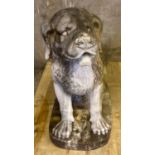 Large Weathered marble garden statue in the form of a stylised seated hound dog. 67cm long, 74cm