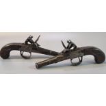 Pair of late 18th Century muzzle loading flintlock cannon barrelled pocket pistols, having 6.5cm