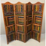 Unusual four section stained screen, overall decorated with leather finish antiquarian books. 162
