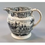 Unusual 19th Century Pearl ware Staffordshire transfer printed black and white pottery baluster jug,