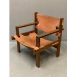 Unusual 'Spanish Style' oak designer armchair having leather back and seat by Icefurn, Icelandic