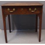 19th Century oak lowboy, the moulded and shaped top above single drawer with brass drop handles,