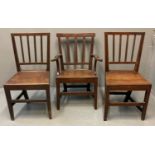 Set of six early 19th Century oak farmhouse stick back chairs to include: one carver chair. (5+1) (